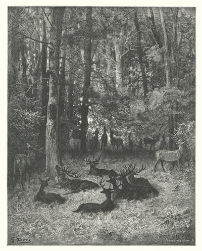 La Fontainen sadut: Fontaine: Sairas hirvi (kaiverrus). tekijältä Gustave Dore