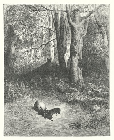 La Fontainen sadut: Fontaine: Kaksi rottaa, kettu ja muna (kaiverrus). tekijältä Gustave Dore