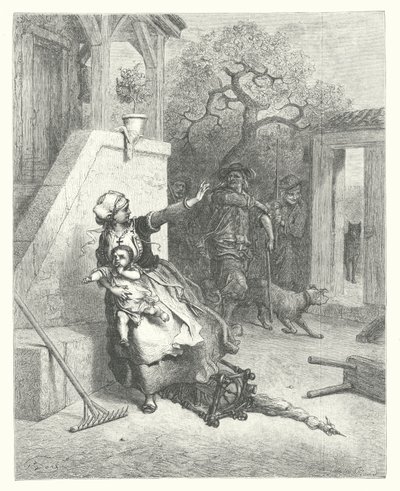 La Fontainen sadut: Fontaine: Susi, äiti ja lapsi (kaiverrus). tekijältä Gustave Dore
