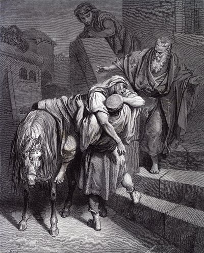 Laupias samarialainen majatalossa, kirjoittanut Doré. - Raamattu tekijältä Gustave Dore