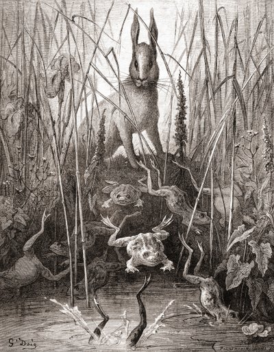 Jänis ja sammakot, 1800-luvun lopun Fables de La Fontainen painoksesta (puukaiverrus) tekijältä Gustave Dore
