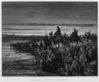 Heprealaisten heimot saapuvat Kanaaniin Jordanin yli, kuvitus Dore Bible -teoksesta. tekijältä Gustave Dore