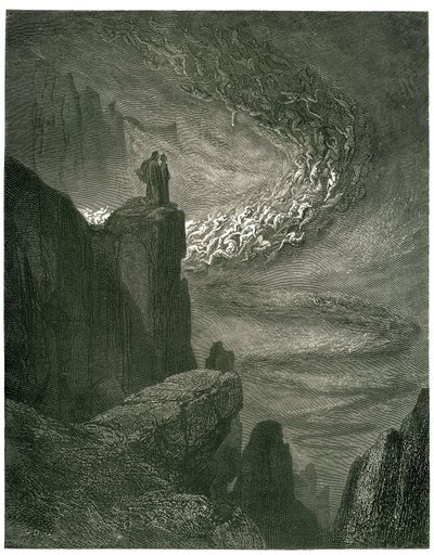 Dante Alighierin helvetti (jumalallinen näytelmä), kuvittanut Gustave Dore. Ranskankielinen painos vuodelta 1861. "Helvetin myrsky, joka ei koskaan jää/jättää henget ryöstönsä kanssa. (Helvetin hurrikaani, joka ei koskaan pysähdy, vetää henkiä pyörteeseens tekijältä Gustave Dore