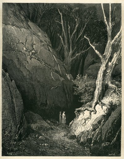 Gustave Doren kuvittama Dante Alighierin helvetti (Divine Comedie). Ranskalainen painos vuodelta 1861. "Allor si mosse, ed io gli tenni dietro. (Sitten hän lähti liikkeelle, ja minä seurasin häntä)", laulu 1 v.136. tekijältä Gustave Dore