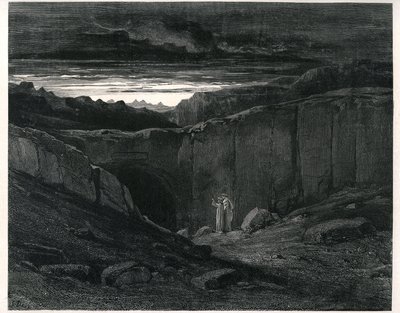 Dante Alighierin helvetti (Divine Comedie) Gustave Doren kuvittamana. Ranskalainen painos vuodelta 1861. Dante ja Vergilius Helvetin sisäänkäynnillä:" Lasciate ogni speranza, voi che 