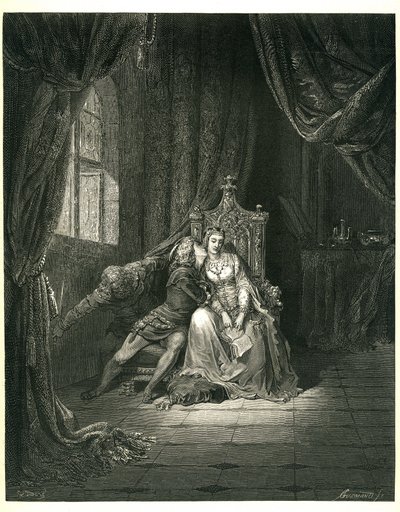 Gustave Doren kuvittama Dante Alighierin helvetti (Divine Comedie). Ranskalainen painos vuodelta 1861. Francesca da Rimini ja hänen rakastajansa: "Quel giorno piu non vi leggemo avante. (Tänä päivänä emme lue pidemmälle)", laulu 5. v. 138. tekijältä Gustave Dore
