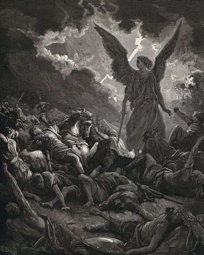 Raamattu. 1866. SENNACHERIB (705-681 eKr.). Assyrian kuningas (705-681 eKr.). Herran enkeli Sanheribin sotajoukosta. Kaiverrus tekijältä Gustave Dore