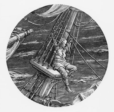 Mariner korkealla laivan kakassa, kohtaus S.T.:n The Rime of the Ancient Mariner -elokuvasta Coleridge, julkaisija Harper und Brothers, New York, 1876 (puukaiverrus) tekijältä Gustave Dore