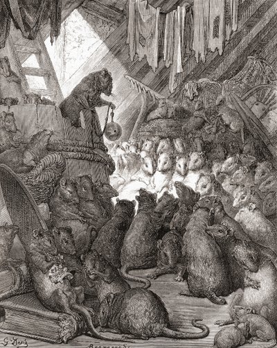 The Mice in Council, joka tunnetaan myös nimillä "Belling the Cat" ja "The Bell and the Cat", 1800-luvun lopulla julkaistusta Fables de La Fontainen (puukaiverrus) painoksesta. tekijältä Gustave Dore