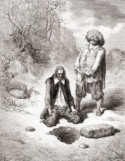 Kurja, joka menetti aarteensa, 1800-luvun lopun Fables de La Fontainen painoksesta (puukaiverrus) tekijältä Gustave Dore
