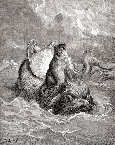 Apina ja delfiini Gustave Doren La Fontaine -satua varten tekemän teoksen mukaan. Teoksesta Life and Reminiscences of Gustave Dore, julkaistu 1885. tekijältä Gustave Dore
