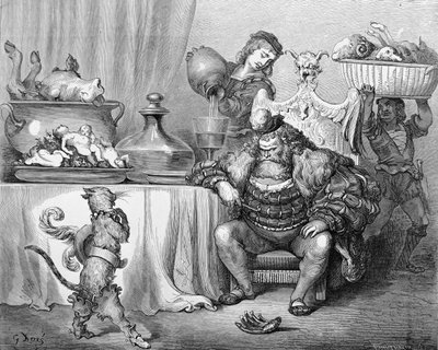 Ogre vastaanottaa kissan, kuvitus Charles Perraultin (1628-1703) "Puss in Boots" -kappaleeseen 1883 tekijältä Gustave Dore