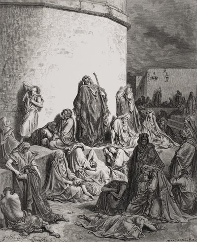 Ihmiset, jotka surevat Jerusalemin raunioita, Valituslaulut 1:1-2, kuvitus Doren 