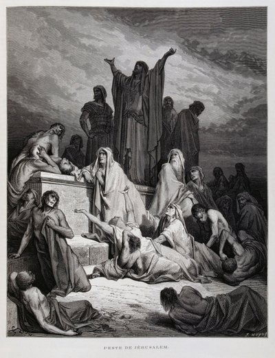 Rutto iskee Jerusalemissa, kuvitus Doren Raamatusta. tekijältä Gustave Dore