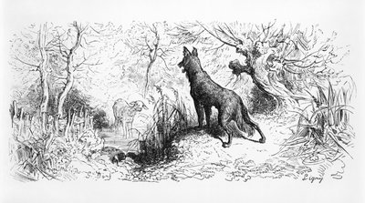 "Susi ja lammas", kuvitus Jean de La Fontainen (1621-95) "Fablesista" 1868 tekijältä Gustave Dore