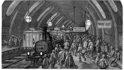 "Työntekijöiden juna". Gustave Dore ja Blanchard Jerrold London: A Pilgrimage London 1872. Kuvassa näkyy höyryjunia Gower Streetin asemalla vuonna 1863 avatun Metropolitan-radan (metro) varrella. Työntekijät kiirehtivät aamun junaansa. tekijältä Gustave Dore