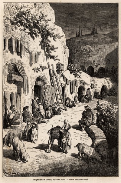 Mustalaisten luolat (maanalaiset talot) Sacro Montessa, Granadassa. Gustave Doren (1832-1883) piirros havainnollistaa hänen matkaansa Espanjaan vuonna 1862, mukana Ch.Davillier. Kaiverrus kirjassa "" Le tour du monde", toimittanut Edouard Charton tekijältä Gustave Dore