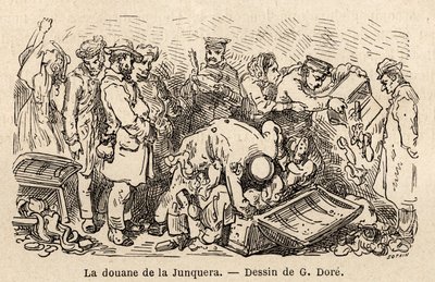 Junqueran (Katalonian ja Geronan provinssin välissä sijaitseva kaupunki) tavat, Gustave Doren (1832-1883) piirustus havainnollistamaan hänen matkaansa Espanjaan C. Davillierin kanssa vuonna 1862. Kaiverrus "" Le tour du monde "", editoi Edouard Charton tekijältä Gustave Dore