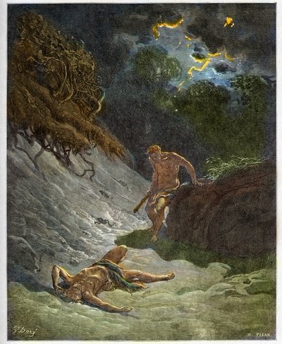 Abelin kuolema - Kainin Abelin murha - kaiverrus Gustave Doren (1832-1883) "The Bible illustree" -kirjaan - Kaiverrus "" Dore Biblesta"" tekijältä Gustave Dore