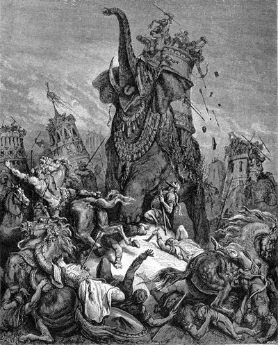 Juudas Makkabeen nuoren veljen Eleazar Macchabee (Makkabee tai Macabee) kuolema Antiokos IV Epiphanen (175-164 eKr.) vallan alla. Elefantti murskasi hänet. Gustave Doren kuvittama "Raamattu". Kaiverrus 1800-luvulta. tekijältä Gustave Dore