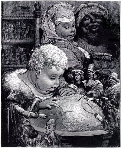Gargantuan koulutus: jättiläinen, lapsi, tutkii maapalloa opettajiensa kanssa vanhempiensa silmien alla tekijältä Gustave Dore