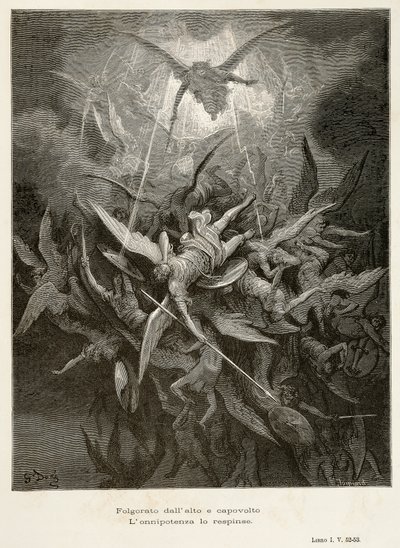 Enkelten lankeemus, kohtaus John Miltonin (1608-1674) teoksesta Kadotettu paratiisi, Gustave Doren (1832-1883) kuvitus. tekijältä Gustave Dore
