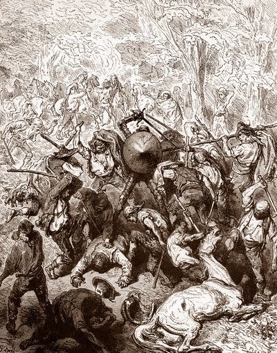 Taistelu Gustave Doren (1832-1883) Yanguas-kaiverruksen muleteerejä vastaan Miguel de Cervantesin (1547-1616) "The Ingenieux Hidalgo Don Quixotte de la Manche (Quixotte - Quijote)" 1863 Yksityinen kokoelma tekijältä Gustave Dore
