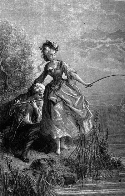 Kala ja paimen soittavat huilua. Huilun ääni toimii syöttinä. Jean de La Fontainen (1621-1695) sadut. Kuvitus Gustave Dore. tekijältä Gustave Dore