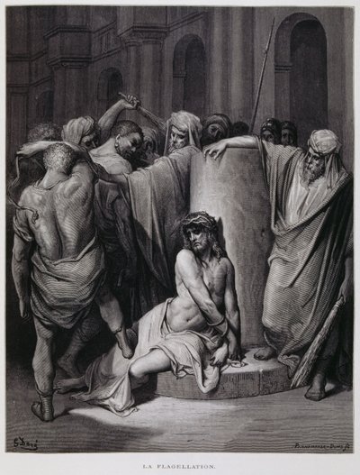 Kristuksen ruoskiminen; kuvitus Doren Raamatusta. tekijältä Gustave Dore