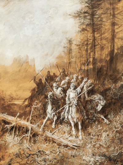 Ritarien marssi, kuvitus runosarjaan, Albert Tennysonin (1809-1892) Kuninkaan idyllit, Gustave Doren akvarelli (1832-1883) tekijältä Gustave Dore