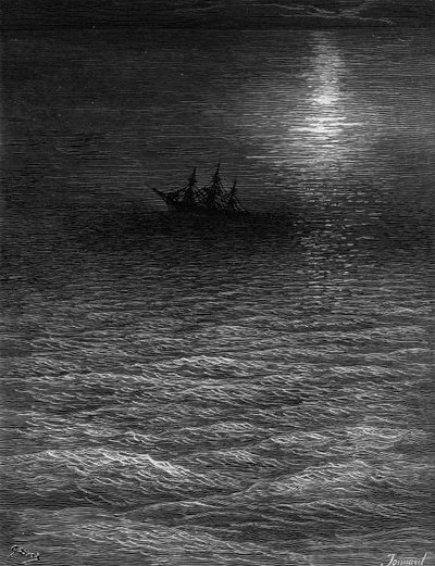 Kuun valaisemassa meressä oleva karilleajettu laiva, kohtaus S.T. Coleridgen teoksesta "The Rime of the Ancient Mariner", julkaissut Harper und Brothers, New York, 1876 (wwod-kaiverrus). tekijältä Gustave Dore