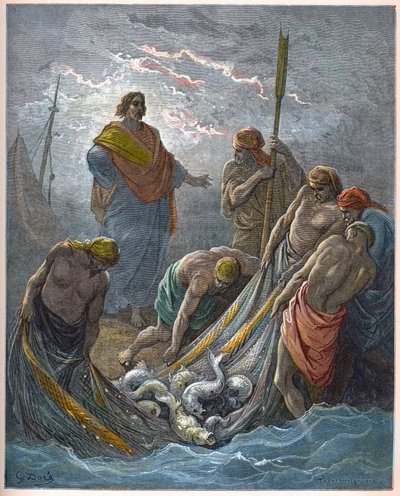 Ihmeellinen kalojen luonnos - Miraculous Fishing - - Kaiverrus Gustave Doren (1832-1883) "The Bible illustree" -kirjaan - Kaiverrus "" Dore Biblesta"" tekijältä Gustave Dore