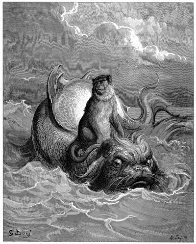 Apina ja delfiini: satu, Jean de La Fontainen (1621-1695) sadut. Kuvitus: Gustave Dore (1832-1883) - - tekijältä Gustave Dore