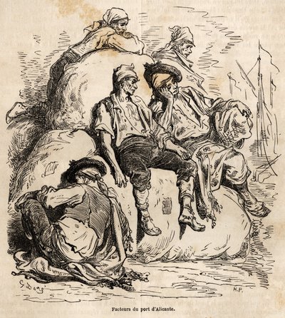 Alicanten sataman kuljetusalusten päiväunet, Gustave Doren (1832-1883) vilkkaasta kuvasta tehty sketsi havainnollistamaan hänen matkaansa Espanjaan vuonna 1862 Ch. Davillier. Kaiverrus kirjassa "" Le tour du monde", toimittanut Edouard Charton tekijältä Gustave Dore