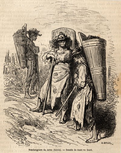 Xeresin poimijat. Gustave Doren (1832-1883) piirros havainnollistaa hänen matkaansa Espanjaan vuonna 1862 Ch. Davillier. Kaiverrus kirjassa "" Le tour du monde", toimittanut Edouard Charton tekijältä Gustave Dore