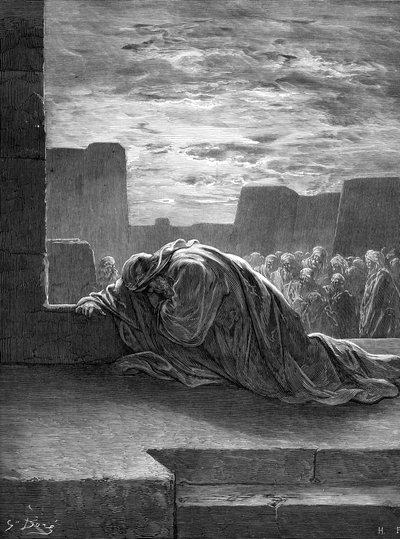 Profeetta Ezra rukoilemassa, kirjoittanut Gustave Doré. - Raamattu tekijältä Gustave Dore
