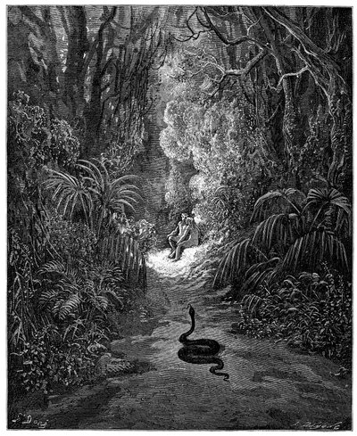 Käärme on matkalla Aatamin ja Eevan luo. Gustave Doren kuvitus John Miltonin (1608-1674) teokseen "Kadonnut paratiisi". Kaiverrus vuodelta 1866. Yksityiskokoelma tekijältä Gustave Dore
