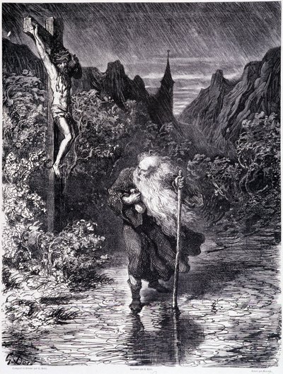 Vaeltava juutalainen ohimennen lähellä Golgatata - Gustave Doré, Kuvakauniin kirjakaupan "Legenda vaelvasta juutalaista" tekijältä Gustave Dore