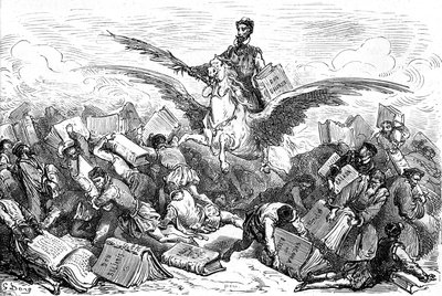 Kirjailija Cervantes ratsastaa siivekkäällä hevosella (Pegase), kirja "Don Quijote" ja höyhen kädessään, ja lentää muiden kirjailijoiden yli, jotka kantavat (raskaasti!) kirjojaan. Gustave Doren kaiverrus, joka kuvittaa Hachetten vuoden 1869 painosta kirja tekijältä Gustave Dore