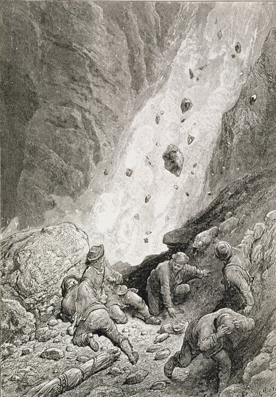"He näkivät massaa kiviä, lohkareita ja kiviä, Dart Round the Corner", Edward Whymperin (1840-1911) "Matterhornin nousu", julkaistu 1860-80-luvulla tekijältä Gustave Dore