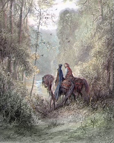 He eksyivät lehtojen alle, jotka näyttivät kukkien paratiisilta (Guenièvre ja Lancelot) - Alfred Tennysonin "" Guenièvre -kirjassa", sairas. Kirjailija: Gustave Doré Paris, Librairie Hachette et Cie tekijältä Gustave Dore