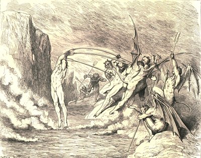 Tämän mukaan he tarttuivat häneen yli sadalla koukulla, c1890. tekijältä Gustave Dore