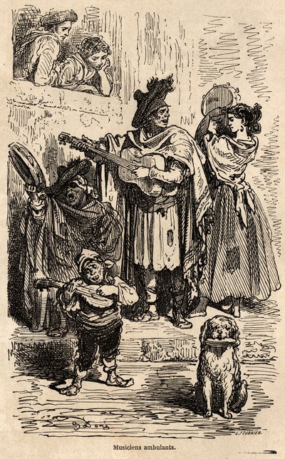 Matkustavia muusikoita Valenciassa, Gustave Doren (1832-1883) piirtämä, havainnollistamaan hänen matkaansa Espanjaan C.Davillierin kanssa vuonna 1862. Kaiverrus kirjaan "" Le tour du monde", toimittanut Edouard Charton tekijältä Gustave Dore
