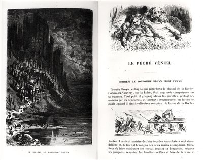Kaksi kuvitettua sivua Honore de Balzacin (1799-1850) Les Contes Drolatiquesista, kaiverrettu Heliodore Joseph Pisan (1822-90) tekijältä Gustave Dore