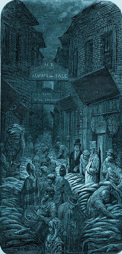 Gustave Dorén viktoriaaninen kalamarkkinoiden kaiverrus tekijältä Gustave Dore