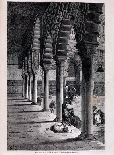 Näkymä Alcazarin suurelle patiolle Sevillassa - kirjoittanut Doré, "" Tour du Monde "", 2. sem. 1866. tekijältä Gustave Dore