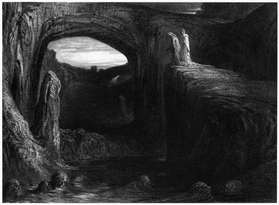 Vergilius (70-19 eKr.) ja Dante astumassa helvettiin, kuvitus Dante Alighierin (1265-1321) Pariisin jumalallisesta komediasta (Inferno), julkaistu 1885 tekijältä Gustave Dore