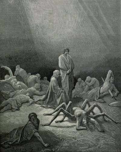 Vergilius (70-19 eKr.) ja Dante katselemassa hämähäkkinaista, kuvitus Dante Alighierin (1265-1321) Pariisin jumalallisesta komediasta (Inferno), julkaistu 1885 tekijältä Gustave Dore