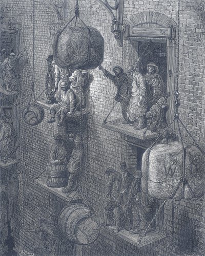 Varastot Lontoon kaupungissa. Gustave Dorelta ja Blanchard Jerroldilta Lontoosta: A Pilgrimage London 1872. tekijältä Gustave Dore