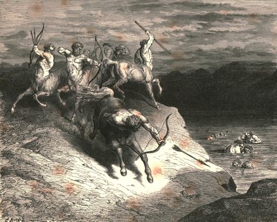 Me noihin eläimiin, jotka kulkivat pitkin, lähestyimme, kun Chiron vei nuolen esiin, 1890. tekijältä Gustave Dore